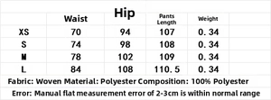 Detailed size chart and 100% polyester fabric info for printed two-piece outfit