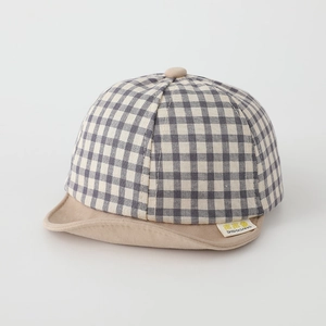 Grey and white plaid baby sun hat with beige brim and soft cotton texture