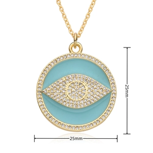 Detailed view of a 25mm evil eye pendant featuring light blue enamel and sparkling crystals