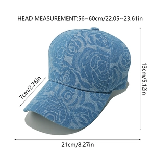 Size guide for blue denim floral baseball cap showing crown height and brim length