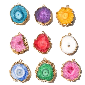 Natural Agate Crystal Slice Pendant Irregular Solar Quartz Gold Plated Edge Charms For Jewelry Making DIY Necklace