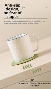 Green silicone coaster holding a bear mug at a 45-degree angle to show non-slip grip