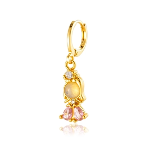 Elegant fishtail drop earrings in gold finish with pink stones and opal accents