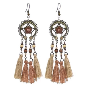 Bohemian floral tassel earrings with bronze metal engraving and bead details