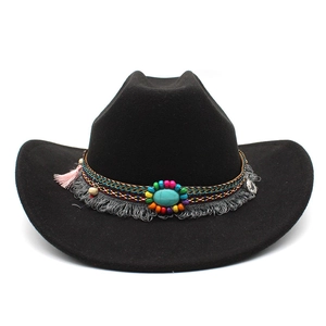 Chapeau De Cowboy Occidental Feutre De Laine Style Ethnique Bande Bohème Turquoise Glands Large Bord Fedora Pour Femmes Hommes