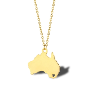 Golden Australia map necklace with tiny heart cutout on a minimalist cable chain