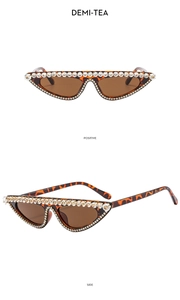 Detailed views of leopard cat-eye sunglasses with rhinestones and tea lenses