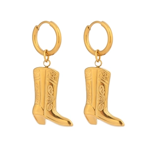 Gold stainless steel cowboy boot dangle earrings with intricate embossed detailing