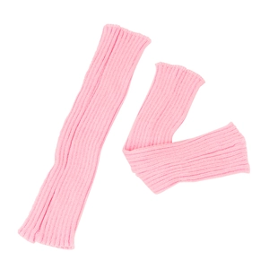 Detail of pink ribbed knit leg warmers showing elastic texture and soft cotton material