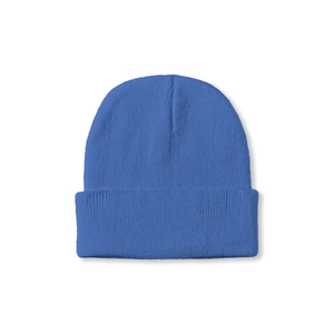 Close-up of Klein blue cuffed beanie showing soft knitted texture and premium wool blend
