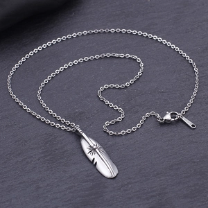 Vintage silver feather pendant necklace made of durable titanium steel for men and women