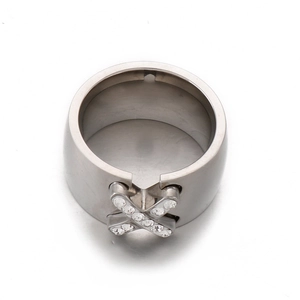 Luxurious silver X-shaped titanium steel ring with sparkling zircon stones for women