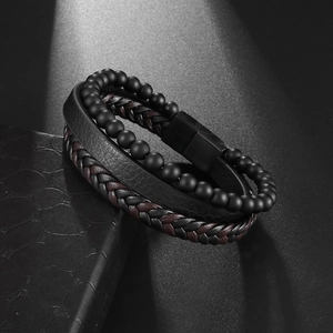 Pulsera multicapa para hombre con cuentas de lava y cuero trenzado, cierre magnético