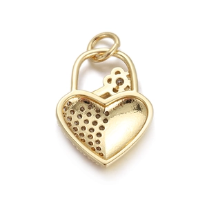 Detailed close-up of a gold heart padlock pendant with zircon stones on a white background