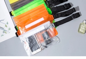Waterproof PVC waist bags in multiple colors showing storage for phone and accessories