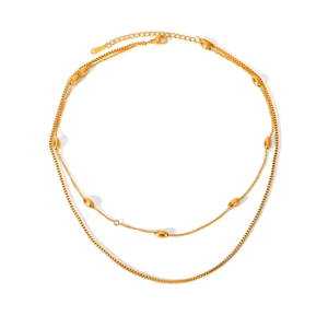 Double-layered golden stainless steel necklace with box chain and oval beaded detail