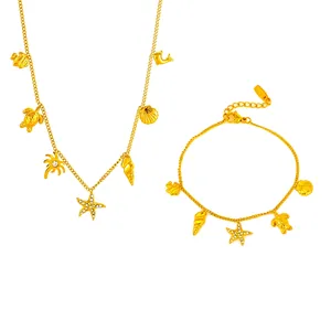 Stainless Steel Ocean Starfish Turtle Shell Pendant Necklace Bracelet Collection For Women Gold Rhinestone Jewelry