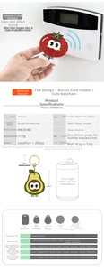 Infographic showing fruit leather key fob cover dimensions and card compatibility