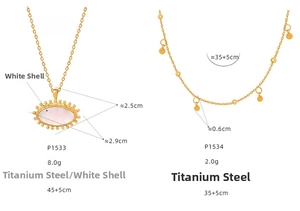 Detailed view of titanium gold plated necklaces featuring white shell and bead accents