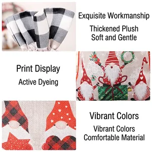 Christmas burlap gift bag with cartoon gnome print and red plaid drawstring closure