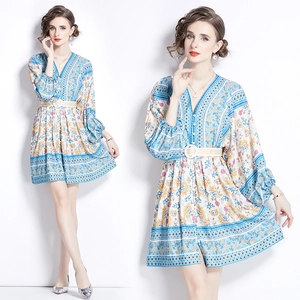 Bohemian Floral Printed Mini Dress V Neck Lantern Long Sleeve Vacation Style With Woven Belt For Women Elegant