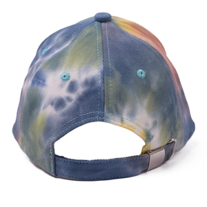 Detailed back view of a tie-dye baseball cap with an adjustable metal buckle strap