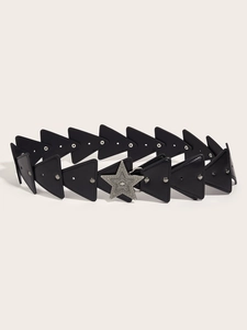 Detail of black triangular PU leather belt with silver star buckle and metal rivets