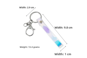 Iridescent PVC lanyard keychain with 9.8cm length, 1cm width, and 2.9cm silver metal ring