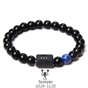 Macro shot of Scorpio zodiac bead on obsidian and tiger eye beaded stretch bracelet