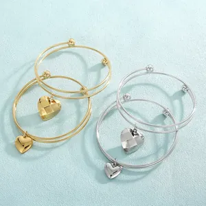 Minimalist Stainless Steel Double Layer Open Bangle With Heart Charm Gold Silver Polished Heart Bangle For Women Jewelry Gift