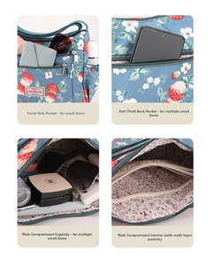 Detail view of floral canvas shoulder bag with multiple zippered pockets and storage layers