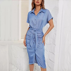 Short sleeve light blue denim dress with lapel collar and waist tie for women