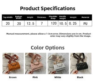 Size chart showing 20cm width PU leather crossbody bag with wide shoulder strap