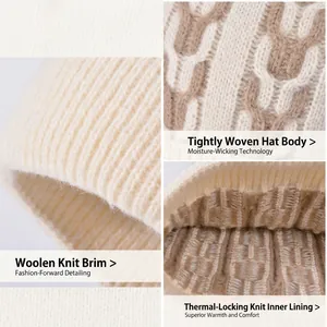 Women's cream knit beanie hat set with cable pattern and warm fleece lining