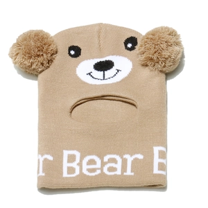 Detailed view of knitted bear balaclava for kids with fuzzy ears and soft winter texture
