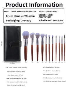 Détail du set de 11 pinceaux maquillage avec pochette PU et fibres synthétiques