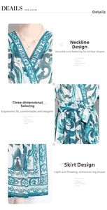 Détails du col en V, taille nouée et ourlet fluide de la robe longue à imprimé porcelaine