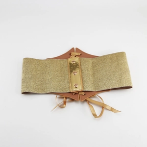 Vintage gold elastic cinch belt with brown faux leather panels and metal snap closure