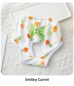 Detail of dog sanitary pants with smiley carrot pattern and green silk bow tie