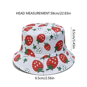 Detailed dimensions of white cotton bucket hat featuring red strawberry prints