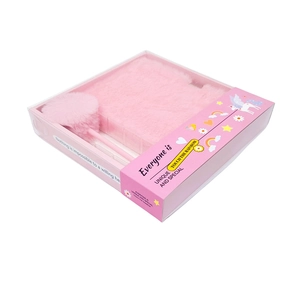 Pink A5 plush notebook set with fluffy ball pen in a unique special gift box