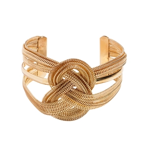 Golden woven mesh open cuff bracelet featuring a multilayer chain design and center knot
