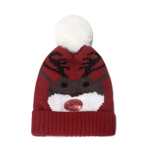 Rote Weihnachtsstrickmütze mit Rentier-Motiv, Pailletten und weißem Bommel