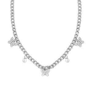 Collier à grosse chaîne en acier titane avec pendentifs papillon argent et perles blanches