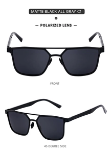 Front and 45-degree views of matte black polarized sunglasses with grey lenses