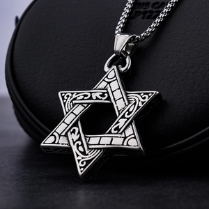 Vintage silver Viking Star of David pendant necklace in carved stainless steel