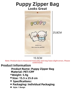 Detail of cute puppy resealable snack bag showing 15.5x25.8cm size and PET material