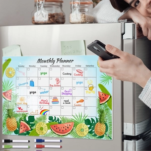 Magnetic acrylic monthly planner with fruit patterns and markers on a fridge surface