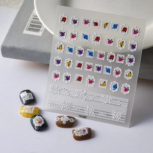 3D floral embossed nail stickers with white lace and rose frame designs for wedding nails