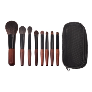 8pcs mini portable makeup brush set with animal hair and black mesh storage bag